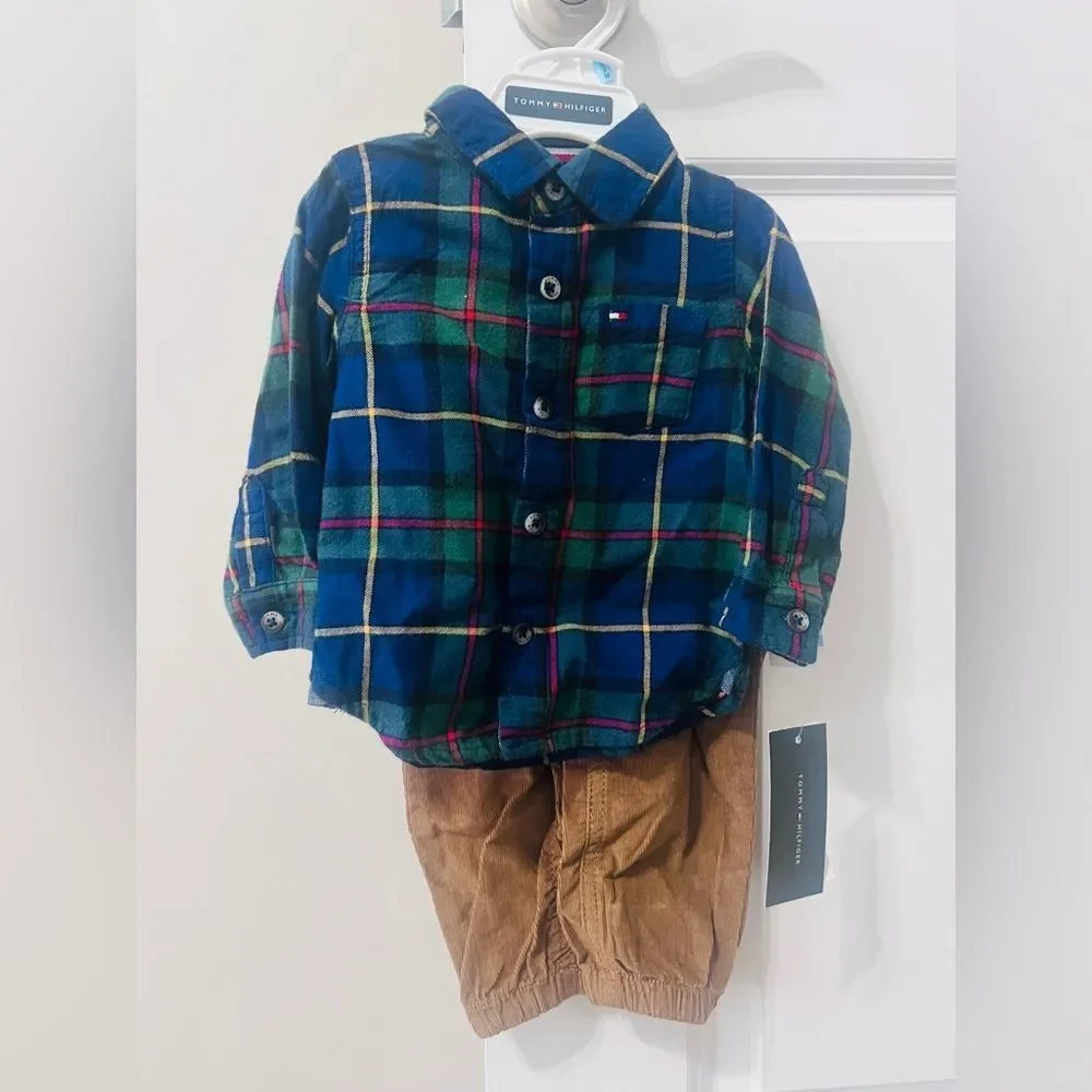 Tommy Hilfiger Baby Boys 2-Piece Plaid Shirt & Pants Set 6-9M NWT $55